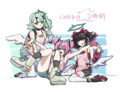 3girls angels_of_delusion aqua_streaks aria_(human)_(cuteness_loading)_(zenless_zone_zero) aria_(human)_(zenless_zone_zero) aria_(zenless_zone_zero) arm_warmers arms_up bag bare_shoulders black_choker black_hair blue_eyes blush bow choker commentary_request full_body green_eyes green_hair hair_ornament hairclip halo hand_up heiwanikouken highres kneeling knees_up looking_at_viewer multicolored_hair multiple_girls nangong_yu nangong_yu_(heartfelt_support) official_alternate_costume one_eye_closed open_mouth pink_bag pink_hair pink_shirt red_eyes shirt shorts sitting smile streaked_hair striped_arm_warmers sunna_(delusions_in_business)_(zenless_zone_zero) sunna_(zenless_zone_zero) tongue tongue_out translation_request twintails white_wings winged_bag wings zenless_zone_zero 