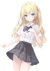  1girl blonde_hair blue_eyes bow buttons collared_shirt commission cowboy_shot grey_bow grey_skirt hair_tie highres long_hair looking_at_viewer nokita_(pinmisil) original plaid_clothes plaid_skirt pleated_skirt school_uniform second-party_source shirt short_sleeves simple_background skeb_commission skirt smile solo two_side_up white_background white_shirt 