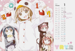  2017 4girls :d absurdres akaza_akari animal_costume arms_up artist_name baby_animal bird blue_hair blunt_bangs brown_eyes brown_hair buttons calendar_(medium) cat_costume chick chicken_costume copyright_notice dog_costume eating egg fang furutani_himawari hair_ornament hairclip highres hood hood_up january long_sleeves looking_at_viewer multiple_girls namori official_art oomuro_sakurako open_mouth parallel_hairclips pink_hair red_hair short_hair skin_fang smile third-party_source violet_eyes yoshikawa_chinatsu yuruyuri zouni_soup 