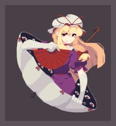  1girl blonde_hair bow closed_mouth commentary cowboy_shot dress elbow_gloves english_commentary folding_fan frilled_sleeves frills gap_(touhou) gloves grey_background hair_bow hand_fan hat hat_ribbon long_hair looking_at_viewer mob_cap parasol pixel_art puffy_short_sleeves puffy_sleeves purple_dress red_bow red_eyes red_ribbon ribbon short_sleeves simple_background smile solo touhou umbrella vexkaf white_gloves white_hat white_umbrella yakumo_yukari 