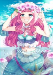  1girl blue_eyes blue_shirt blue_sky clouds cloudy_sky commentary_request day doroshii frilled_shirt frills grin head_wreath highres jewelry laura_la_mer lily_pad long_hair looking_at_viewer merfolk mermaid midriff monster_girl navel necklace outdoors partial_commentary partially_submerged pearl_necklace pink_hair precure shirt sky sleeveless sleeveless_shirt smile solo tropical-rouge!_precure twitter_username water 