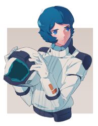  1boy aeug blue_eyes blue_hair border brown_background closed_mouth commentary_request cropped_torso gundam helmet highres holding holding_unworn_helmet kamille_bidan male_focus mecha_pilot_suit normal_suit_(gundam) pin_(penco_co) short_hair space_helmet unworn_headwear unworn_helmet upper_body white_border zeta_gundam 