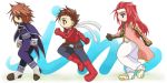 blue_eyes boots brown_eyes brown_hair chibi father_and_son fingerless_gloves gloves headband kratos_aurion lloyd_irving long_hair male redhead short_hair tales_of_symphonia zelos_wilder 