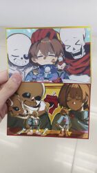  >o< 1boy 1other 2026 2boys 2d ambiguous_gender aqua_background aqua_eyes armor black_shorts blue_jacket blue_shorts blue_sweater bone boots brothers brown_boots brown_hair cape child closed_eyes digital_media double_horizontal_stripe drawstring floor food frisk_(undertale) gasterblaster genocide_route_(undertale) gloves grey_hood grey_shorts hand_on_another's_head hands_in_pockets heart height_difference highres hip_bones holding holding_food holding_knife holding_plate holding_weapon hollow_eyes hood hood_down hooded_jacket horizontal-striped_clothes human humanoid jacket knife long_sleeves male monster monster_boy multiple_boys one_eye_closed open_clothes open_jacket open_mouth outline outstreched_arms papyrus_(undertale) pasta photo_(medium) pink_slippers pink_stripes plate postcard_(medium) print_armor red_boots red_cape red_gloves red_scarf red_soul_(utdr) sa66513 sans_(undertale) scarf second-party_source shirt short_hair shorts siblings simple_background single_vertical_stripe skeleton skull slippers socks soul_(utdr) spaghetti spine standing striped_clothes striped_shorts striped_sweater sweater teeth trio two-tone_sweater undead undertale unworn_scarf utdr_(toby_fox) vertical-striped_clothes vertical-striped_shorts weapon white_armor white_shirt white_socks white_stripes yellow_background yellow_trim 