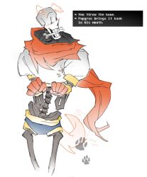  1boy 2026 2d animal_ears armor blue_shorts bone bugsoupart clenched_hands commentary cropped_legs dialogue_box digital_media dog_ears dog_tail english_commentary english_text gloves highres hip_bones humanoid kemonomimi_mode male male_focus male_only monster monster_boy object_in_mouth papyrus_(undertale) paw_pose paw_print print_armor red_gloves red_scarf scarf shorts simple_background skeleton solo spine tail tail_wagging teeth text undead undertale utdr_(toby_fox) video_game_dialogue_box white_armor white_background yellow_trim 