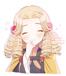  1girl artist_name black_dress blonde_hair cape charlotte_(honzuki_no_gekokujou) closed_eyes closed_mouth commentary_request cropped_torso dated dress drill_hair facing_viewer flower frilled_sleeves frills hair_flower hair_ornament hand_on_own_chin happy_birthday honzuki_no_gekokujou long_sleeves medium_hair portrait rinndouk signature simple_background smile solo white_background yellow_cape 