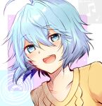  1girl blue_eyes blush brown_sweater light_blue_hair long_hair looking_at_viewer open_mouth ribbed_sweater short_hair smile solo sweater upper_body vivy vivy:_fluorite_eye&#039;s_song yume_oji_san 