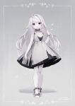  1girl ahoge bangs bracelet collar commission dress eyebrows_visible_through_hair full_body grey_background highres jewelry looking_at_viewer original pale_skin shiro_yurine skeb_commission solo torn_clothes torn_dress violet_eyes white_hair 