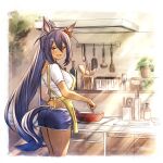  1girl alternate_costume animal_ears apron ass bangs blue_shorts blush bottle breasts chopsticks cooking cutting_board dark-skinned_female dark_skin fang hair_between_eyes hair_ornament hairclip head_tilt hishi_amazon_(umamusume) holding horse_ears horse_girl horse_tail kageno_96 kitchen ladle large_breasts long_hair looking_at_viewer open_mouth ponytail red_eyes shirt shorts signature solo spoon tail umamusume very_long_hair white_shirt yellow_apron 
