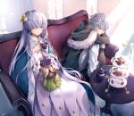  1boy 1girl absurdres anastasia_(fate) bangs blue_cloak blue_eyes blush breasts cloak cup doll dress fate/grand_order fate_(series) fur-trimmed_cloak fur_trim grey_hair grey_jacket hair_over_one_eye hairband hane_yuki highres holding holding_doll huge_filesize jacket jewelry kadoc_zemlupus large_breasts long_hair long_sleeves neck_ring short_hair silver_hair sitting teacup very_long_hair viy_(fate) white_dress yellow_eyes 