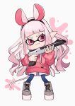  1girl :3 animal_ears black_hairband blue_legwear closed_mouth commentary domino_mask drawstring fake_animal_ears full_body grey_background grey_footwear hairband holding holding_weapon hood hoodie inkling long_hair long_sleeves mask mouse_ears mouse_tail pantyhose pink_eyes pink_hair pink_hoodie platform_footwear pointy_ears puffy_long_sleeves puffy_sleeves shoes short_eyebrows shorts shugao solo splatoon_(series) standing symbol_commentary tail thick_eyebrows very_long_hair weapon white_shorts 