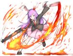  1girl animal_ears bangs black_jacket blazer blood blush breathing_fire brown_footwear collared_shirt commentary_request cookie_(touhou) fire full_body gun highres hisui_(cookie) holding holding_ear holding_gun holding_weapon jacket leg_up long_hair looking_at_viewer necktie pink_skirt purple_hair rabbit_ears red_eyes red_neckwear reisen_udongein_inaba shirt shitteru? shoes simple_background skirt socks solo swept_bangs touhou weapon white_background white_legwear white_shirt 
