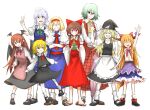  &gt;_&lt; 6+girls alice_margatroid apron ascot bangs black_footwear black_headwear black_skirt black_vest blonde_hair blouse blue_skirt blush bow braid brown_hair closed_eyes closed_mouth collared_shirt colored_skin commentary_request cookie_(touhou) cup demon_wings dress eyebrows_visible_through_hair fang footwear_bow frilled_hair_tubes frilled_skirt frills full_body green_bow green_hair green_neckwear green_ribbon grey_hair grin hair_between_eyes hair_bow hair_tubes hairband hakurei_reimu hat hat_bow head_wings highres hinase_(cookie) holding holding_cup horn_ornament horn_ribbon horns ibuki_suika izayoi_sakuya kazami_yuuka kirisame_marisa koakuma long_hair long_skirt long_sleeves looking_at_viewer loose_socks macota_(cookie) multiple_girls nadeko_(cookie) neck_ribbon necktie open_mouth orange_hair parasol pink_apron plaid plaid_skirt plaid_vest puffy_short_sleeves puffy_sleeves purple_bow purple_ribbon red_bow red_dress red_eyes red_hairband red_neckwear red_sash red_skirt red_vest reu_(cookie) ribbon rumia sash shirt shitteru? shoes short_hair short_sleeves sidelocks simple_background skirt skirt_set sleeveless sleeveless_shirt smile standing touhou tsurikichi_obasan twin_braids umbrella uzuki_(cookie) very_long_hair vest waist_apron white_apron white_background white_blouse white_legwear white_shirt white_skin wings witch_hat yamin_(cookie) yellow_neckwear yunomi yuzuyu_(cookie) 