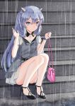  1girl bag black_footwear commentary_request dress grey_dress handbag horned_headwear i-203_(kancolle) kantai_collection light_blue_eyes light_blue_hair looking_at_viewer mayura2002 official_alternate_costume rain sitting solo stairs toeless_footwear watch watch 
