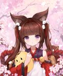  1girl absurdres amagi-chan_(azur_lane) animal_ears azur_lane bangs blunt_bangs brown_hair carrying character_doll cheren_(pokemon) commentary_request detached_sleeves eyebrows_visible_through_hair fox_ears fox_girl fox_tail hair_ribbon highres japanese_clothes kyuubi long_hair looking_at_viewer manjuu_(azur_lane) mianyang_buchiyang multiple_tails petals ribbon rope sidelocks solo stuffed_chicken tail thick_eyebrows tree_branch twintails violet_eyes 