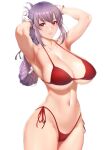  1girl adjusting_hair armpits arms_up bikini braid breasts curvy fate/grand_order fate_(series) florence_nightingale_(fate) gloves large_breasts lips navel purple_hair red_bikini red_eyes shiny shiny_hair side-tie_bikini smile solo standing swimsuit thick_thighs thighs under_boob undersized_clothes zucchini 