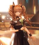  1girl alternate_costume ambience_synesthesia angelina_(arknights) animal_ears arknights black_bow black_collar black_dress black_wristband bow brown_hair chinese_commentary collar dragooon-yike dress flower fox_ears grand_piano hair_bow highres holding holding_flower instrument long_hair looking_at_viewer off-shoulder_dress off_shoulder piano red_eyes smile solo twintails upper_body 