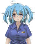  1girl bags_under_eyes bangs best_buy blue_eyes blue_hair blue_shirt breasts closed_mouth collared_shirt commentary_request cookie_(touhou) eyebrows_visible_through_hair hair_between_eyes kawashiro_nitori kofji_(cookie) large_breasts looking_at_viewer medium_hair shirt short_sleeves solo touhou transparent_background two_side_up upper_body wadachi_(nicoseiga25631355) 