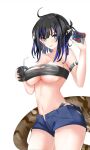  1girl absurdres ahoge arknights arm_strap bandeau black_hair black_shirt blue_eyes blue_hair blue_nails blue_shorts breasts commentary cowboy_shot cup ear_piercing eunectes_(arknights) hand_up highres holding holding_cup large_breasts looking_at_viewer medium_hair midriff multicolored_hair navel parted_lips piercing pointy_ears sarashi shirt short_shorts shorts simple_background snake_tail solo strapless streaked_hair tail tubetop under_boob white_background yinxiang 