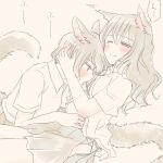  2girls animal_ears beige_background blush bra breast_kiss breasts closed_mouth collared_shirt commentary_request dog_ears dog_girl dog_tail eyebrows_visible_through_hair grey_bra grey_hair grey_skirt hand_on_another&#039;s_head long_hair multiple_girls nekoya_saki open_clothes open_shirt original partially_undressed pleated_skirt school_uniform shirt short_sleeves simple_background sitting skirt small_breasts speech_bubble sweat tail underwear undressing_another uneven_eyes white_shirt yuri 