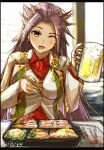  1girl alcohol beer beer_mug blush breasts chopsticks cup earrings food highres jewelry jun&#039;you_(kancolle) kantai_collection large_breasts long_hair looking_at_viewer magatama mug one_eye_closed purple_hair seitei_(04seitei) smile spiky_hair violet_eyes 