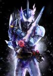  1boy armor bodysuit commentary helmet highres holding holding_sword holding_weapon kamen_rider kamen_rider_saber kamen_rider_saber_(series) kamen_rider_xross_saber looking_at_viewer rider_belt solo sword tokusatsu upper_body weapon white_eyes yygnzm 