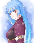  1girl bangs belt blue_hair bodysuit breasts eyebrows_visible_through_hair kula_diamond long_hair looking_at_viewer simple_background small_breasts smile snowflakes the_king_of_fighters upper_body violet_eyes zdenka_02 