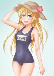  1girl anti_(untea9) blonde_hair blue_background blue_eyes blue_swimsuit breasts commentary_request covered_navel cowboy_shot flower gradient gradient_background hat hibiscus highres holding holding_clothes holding_hat jervis_(kancolle) jewelry kantai_collection long_hair looking_at_viewer name_tag ring school_swimsuit small_breasts solo sun_hat swimsuit wedding_band 