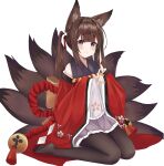  1girl absurdres amagi-chan_(azur_lane) animal_ears azur_lane bangs black_legwear blunt_bangs brown_hair commentary_request detached_sleeves eyebrows_visible_through_hair eyes_visible_through_hair fox_ears fox_girl fox_tail hair_ribbon head_tilt highres japanese_clothes kuyouml kyuubi long_hair looking_at_viewer manjuu_(azur_lane) multiple_tails no_shoes pantyhose ribbon rope sidelocks simple_background sitting smile solo tail thick_eyebrows twintails violet_eyes wariza white_background wide_sleeves 