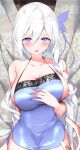  1girl bangs blush braid breasts chinese_clothes dudou fine_fabric_emphasis hair_between_eyes hair_ornament hand_on_own_chest highres lace_trim large_breasts li_zhiheng long_hair looking_at_viewer open_mouth original side_slit sideboob white_hair 