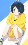  1girl :o ahoge arms_between_legs baggy_clothes blue_background blue_eyes blue_shorts blue_stripes blush brown_eyes close-up collarbone commentary_request crossed_arms dark_blue_hair dot_nose hair_over_one_eye heterochromia highres hood hood_down hoodie knees_up looking_at_viewer looking_up multicolored multicolored_background ooto_ai open_mouth orange_stripes outline shadow shoes short_hair shorts simple_background sincos sitting sneakers solo striped striped_background striped_legwear triangle_hair_ornament white_background white_footwear white_legwear white_outline wonder_egg_priority yellow_background yellow_hoodie 