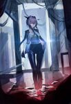  1girl alternate_costume arknights black_pants blue_neckwear blue_shirt breasts commentary dragon_horns grey_hair hair_intakes highres horns large_breasts looking_at_viewer manu_(pixiv41646715) necktie pants shirt short_hair_with_long_locks solo standing talulah_(arknights) yellow_eyes 