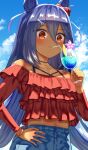 1girl animal_ears blue_hair blue_hawaii blue_sky blush bracelet casual cherry clouds cloudy_sky commentary_request dark_skin day drinking drinking_straw food fruit hair_between_eyes hair_ornament hairclip hand_on_hip highres hishi_amazon_(umamusume) horse_ears horse_girl jewelry long_hair long_sleeves red_eyes sky solo stomach twitter_username uenoryoma umamusume upper_body 