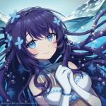  1girl artist_name bare_shoulders blue_eyes blue_theme breasts bubble eyebrows_behind_hair flower gloves hair_flower hair_ornament halter_top halterneck hands_together highres long_hair looking_at_viewer medium_breasts naoto_(yandereheaven) neck_ribbon original purple_hair ribbon see-through signature smile solo twitter_username underwater water white_gloves 