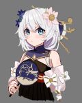  1girl absurdres bangs bare_shoulders blue_eyes blush china_dress chinese_clothes closed_mouth dress fan flower grey_background hair_between_eyes hair_flower hair_ornament highres holding honkai_(series) honkai_impact_3rd looking_at_viewer myomu pink_flower simple_background solo theresa_apocalypse theresa_apocalypse_(starlit_astrologos) white_hair zhuge_kongming_(honkai_impact) 