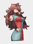  1girl android_21 blue_eyes breasts checkered checkered_dress dragon_ball dragon_ball_fighterz dress glasses grey_background hair_between_eyes jewelry kemachiku long_hair looking_at_viewer medium_breasts redhead ring simple_background solo 
