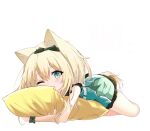  1girl absurdres animal_ears arknights blonde_hair blush bow dog_ears dog_girl dog_tail green_bow green_eyes hair_between_eyes hair_bow highres hong_yin long_hair looking_at_viewer lying official_alternate_costume on_stomach one_eye_closed pillow pillow_hug podenco_(arknights) podenco_(wake_up_from_a_nap)_(arknights) simple_background solo tail white_background wristband 