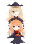  2girls absurdres bangs belt black_dress black_headwear black_sleeves blonde_hair blush brown_belt brown_headwear cape chinese_clothes crescent dress eyebrows_visible_through_hair eyes_visible_through_hair hair_between_eyes harunohami hat highres junko_(touhou) long_hair long_sleeves looking_at_another looking_at_viewer matara_okina multiple_girls one_eye_closed open_mouth orange_cape orange_hair orange_sleeves pom_pom_(clothes) red_eyes red_vest simple_background sitting smile standing star_(symbol) touhou vest white_background yellow_eyes yellow_neckwear 