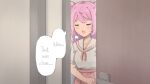  1girl =3 bangs bathroom blush breasts breath closed_eyes commentary door english_text eyebrows_visible_through_hair frilled_shirt frills indoors long_hair motion_lines neck_ribbon open_mouth original pink_hair pink_neckwear pink_ribbon pink_skirt pleated_skirt relief ribbon rune_(pixiv_25170019) school_uniform shiny shiny_hair shirt shirt_tucked_in short_sleeves sidelocks skirt small_breasts solo standing sweat thought_bubble tied_hair two_side_up upper_body white_shirt 