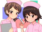  2girls blush breasts brown_eyes brown_hair closed_mouth eyebrows_visible_through_hair girls_und_panzer gogopaint hat highres isobe_noriko kawanishi_shinobu looking_at_viewer multicolored multicolored_background multiple_girls nurse nurse_cap shiny shiny_hair short_hair simple_background small_breasts smile syringe upper_body 