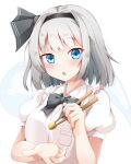  1girl :o arms_up bangs black_neckwear blue_eyes blush bow bowtie breasts chopsticks commentary_request eyebrows_visible_through_hair hair_ribbon head_tilt holding holding_chopsticks incoming_food konpaku_youmu konpaku_youmu_(ghost) looking_at_viewer medium_breasts partial_commentary puffy_short_sleeves puffy_sleeves ribbon rururiaru shirt short_hair short_sleeves silver_hair simple_background solo standing touhou upper_body upper_teeth white_background white_shirt 