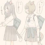  2girls animal_ears bag beige_background blue_neckwear blue_sweater bow bowtie breast_pocket cat_ears cat_girl cat_tail clothes_around_waist commentary_request cowboy_shot eyebrows_visible_through_hair from_side grey_hair grey_skirt light_brown_hair long_hair looking_at_viewer multiple_girls nekoya_saki open_mouth original pleated_skirt pocket school_bag school_uniform shirt shirt_tucked_in short_hair shoulder_bag simple_background skirt sleeves_rolled_up speech_bubble sweater sweater_around_waist tail tail_grab translation_request white_shirt yuri 