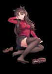  1girl absurdres artist_request black_background black_hair black_legwear fate/stay_night fate_(series) hair_ribbon highres legs long_hair looking_at_viewer red_sweater ribbon shoes_removed simple_background skirt solo sweater thigh-highs tohsaka_rin twintails 