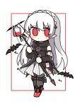  1girl arknights bangs bare_shoulders bat blood blush braid chibi closed_mouth crown_braid expressionless eyebrows_visible_through_hair full_body hair_between_eyes hair_ornament holding jacket long_hair looking_at_viewer pale_skin pointy_ears red_eyes silver_hair solo vampire warfarin_(arknights) white_background xijian 