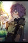  1girl bernadetta_von_varley blush bush dot_mouth fire_emblem fire_emblem:_three_houses flower garreg_mach_monastery_uniform grey_eyes hand_on_own_chest highres looking_at_another purple_hair short_hair sunlight tassel tears tree uranus_4u4 wall 