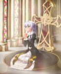  1girl absurdres bangs blue_eyes church closed_mouth cross_(weapon) gotointhepark hair_between_eyes hands_together highres honkai_(series) honkai_impact_3rd indoors long_sleeves nun praying side_ponytail sitting sitting_on_floor solo theresa_apocalypse theresa_apocalypse_(valkyrie_pledge) white_hair 