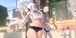  6+girls :o azur_lane ball bangs bare_arms basketball_hoop black_bra blonde_hair blue_eyes bra bra_through_clothes breasts buruma character_request commentary_request crop_top day eyebrows_visible_through_hair hair_ornament hair_scrunchie hands_up highres illustrious_(azur_lane) large_breasts long_hair looking_at_another midriff mole mole_under_eye multiple_girls navel outdoors scrunchie see-through shirt signature sleeveless sleeveless_shirt stomach strap_slip swd3e2 sweat swept_bangs under_boob underwear very_long_hair victorious_(azur_lane) white_hair white_shirt 
