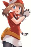  1girl black_pants blue_eyes breasts brown_hair collarbone cowboy_shot gloves highres holding holding_poke_ball jacket long_hair looking_at_viewer may_(pokemon) miniskirt open_mouth pants pants_under_skirt poke_ball pokemon pokemon_(game) pokemon_rse red_bandana red_jacket shiny shiny_hair short_sleeves simple_background skirt small_breasts solo standing twintails v-shaped_eyebrows white_background white_gloves white_skirt yuihico 