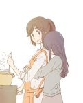  1kudamo1 2girls apron blue_eyes blue_hair blush brown_hair cooking green_shirt hibike!_euphonium highres holding holding_spoon hug hug_from_behind kasaki_nozomi liz_to_aoi_tori long_hair long_sleeves looking_back multiple_girls open_mouth orange_apron ponytail pot shirt simple_background smile spoon white_background white_shirt yoroizuka_mizore 