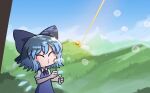  blouse blue_dress blue_eyes blue_hair blue_ribbon blue_sky bow bubble bubble_blowing cirno dress dress_shirt fairy_wings fire hair_bow highres hill ice ice_wings laser mata_(matasoup) outdoors pinafore_dress puffy_short_sleeves puffy_sleeves red_bow red_ribbon ribbon shirt short_hair short_sleeves sky touhou tree tree_shade white_blouse white_shirt wing_collar wings 